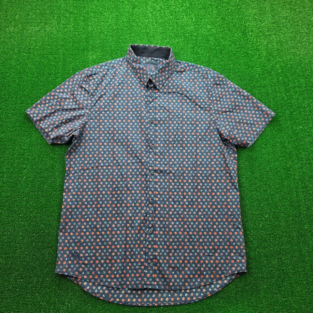 John Lennon Shirt Mens Large Navy Floral Button Up Short Sleeve Embroidered Logo